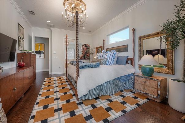 Bedroom, Chandelier, Interior, Recessed Lighting, Wood Texture Flooring