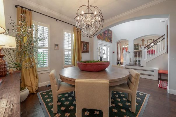 Chandelier, Dining room, Interior, Pendant Lights, Wood Texture Flooring