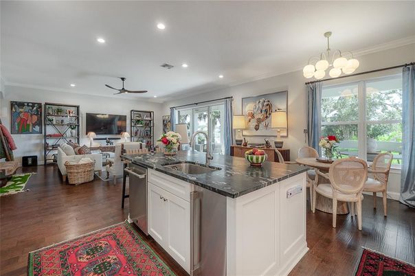 Chandelier, Dining room, Interior, Kitchen, Living room, Recessed Lighting, Wood Texture Flooring
