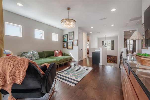 Chandelier, Fireplace, Interior, Living room, Pendant Lights, Recessed Lighting, Wood Texture Flooring