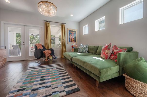 Chandelier, Interior, Living room, Recessed Lighting, Wood Texture Flooring