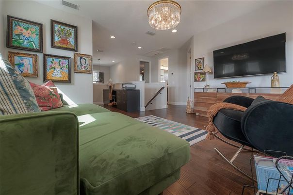 Bedroom, Chandelier, Interior, Recessed Lighting, Wood Texture Flooring