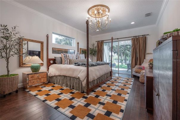 Bedroom, Chandelier, Interior, Recessed Lighting, Wood Texture Flooring