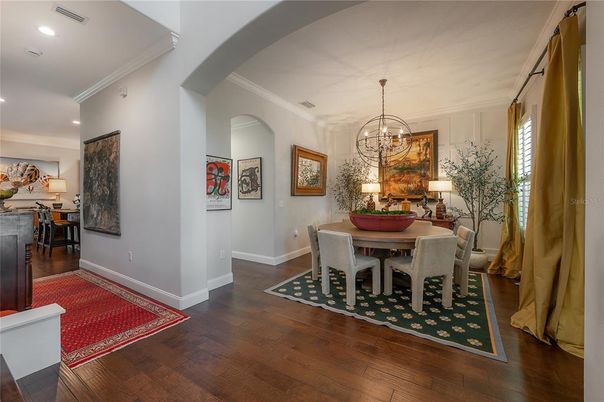 Chandelier, Dining room, Interior, Recessed Lighting, Wood Texture Flooring