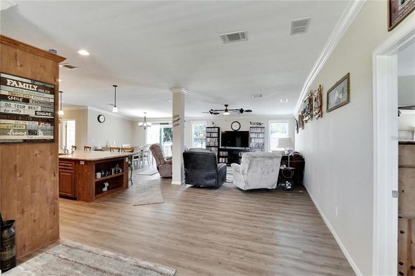 Dining room, Interior, Living room, Pendant Lights, Recessed Lighting, Wood Texture Flooring