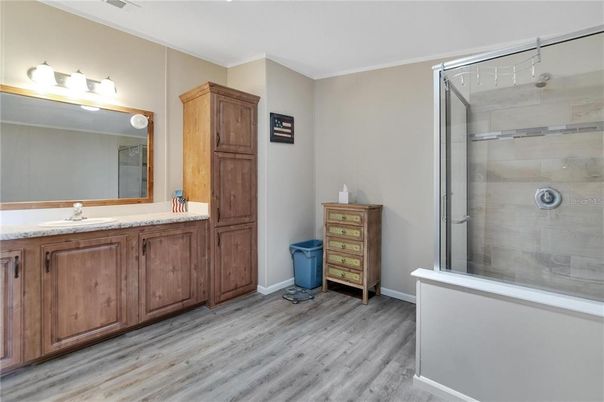 Bathroom, Glass Shower, Interior, Wood Texture Flooring