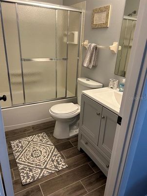 Bathroom, Glass Shower, Interior, Wood Texture Flooring