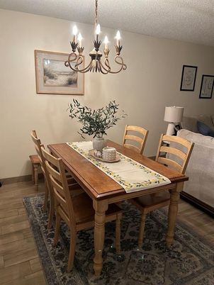 Chandelier, Dining room, Interior, Wood Texture Flooring