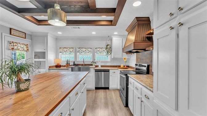 Interior, Kitchen, Pendant Lights, Recessed Lighting, Stainless Steel Appliances, Wooden Beams, Wood Texture Flooring