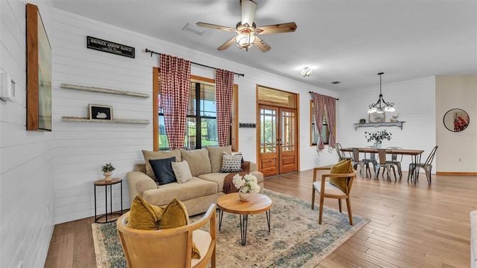 Dining room, Interior, Living room, Pendant Lights, Wood Texture Flooring