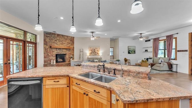 Fireplace, Interior, Kitchen, Living room, Pendant Lights, Recessed Lighting, Stone Walls, Wood Texture Flooring
