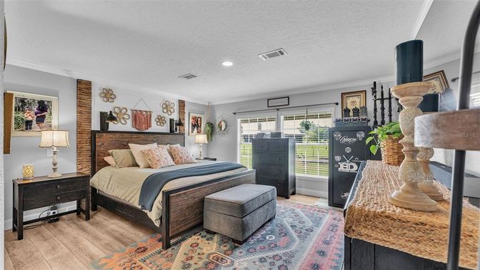 Bedroom, Fireplace, Interior, Recessed Lighting, Wood Texture Flooring