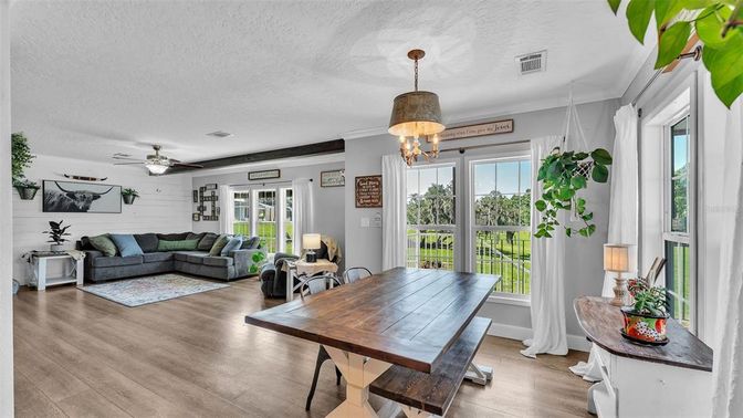 Dining room, Interior, Living room, Pendant Lights, Wood Texture Flooring