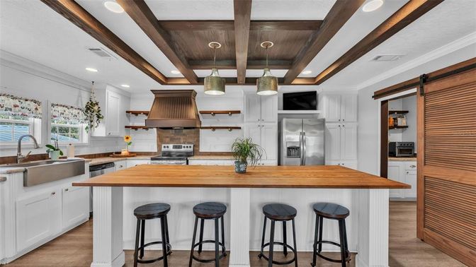 Interior, Kitchen, Pendant Lights, Recessed Lighting, Stainless Steel Appliances, Wooden Beams, Wooden Ceilings, Wood Texture Flooring