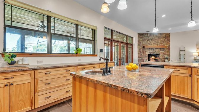 Fireplace, Interior, Kitchen, Pendant Lights, Recessed Lighting, Stone Walls