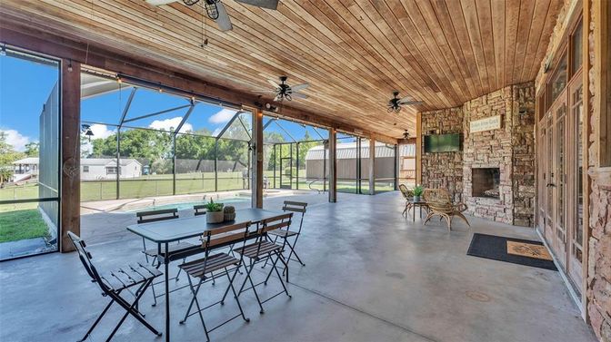 Dining room, Fireplace, Glass Ceilings, Interior, Stone Walls, Sun Room, Wooden Ceilings