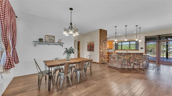 Dining room, Interior, Pendant Lights, Wood Texture Flooring