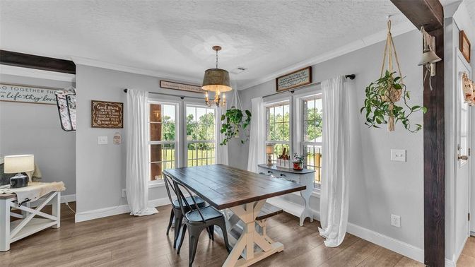 Dining room, Interior, Pendant Lights, Wood Texture Flooring