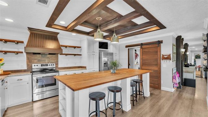 Interior, Kitchen, Pendant Lights, Recessed Lighting, Stainless Steel Appliances, Wooden Beams, Wooden Ceilings, Wood Texture Flooring