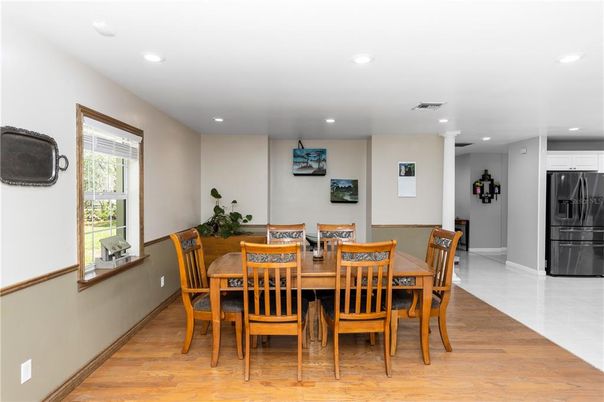 Dining room, Interior, Recessed Lighting, Wood Texture Flooring