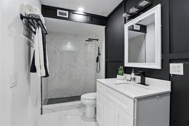Bathroom, Glass Shower, Interior, Marble, Marble Walls, Recessed Lighting