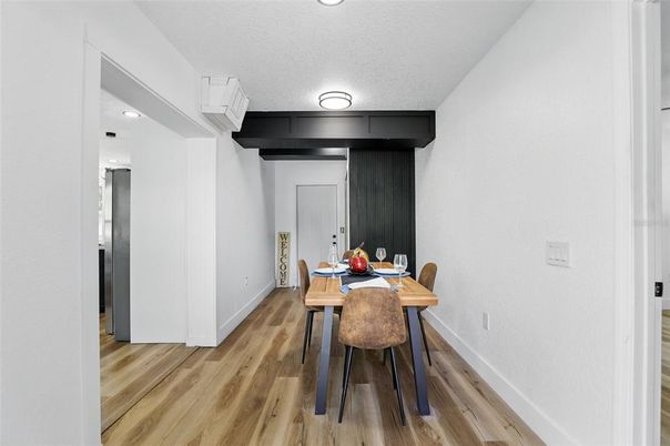 Dining room, Interior, Recessed Lighting, Wood Texture Flooring