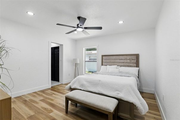 Bedroom, Interior, Recessed Lighting, Wood Texture Flooring