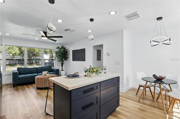 Dining room, Interior, Kitchen, Living room, Pendant Lights, Recessed Lighting, Wood Texture Flooring