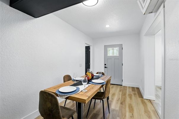 Dining room, Interior, Recessed Lighting, Wood Texture Flooring