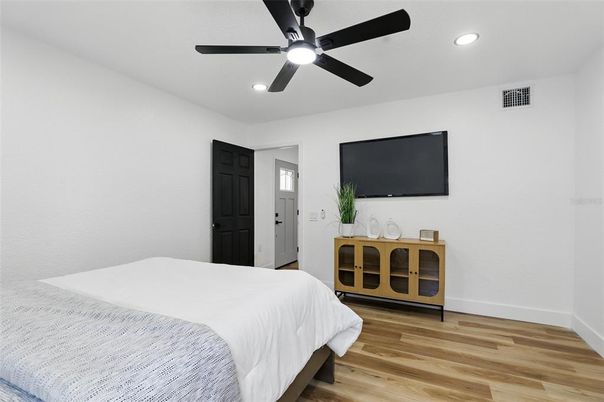Bedroom, Interior, Recessed Lighting, Wood Texture Flooring