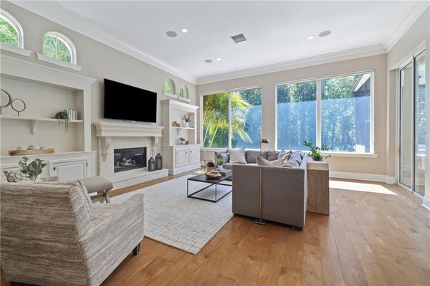 Fireplace, Interior, Living room, Recessed Lighting, Wood Texture Flooring