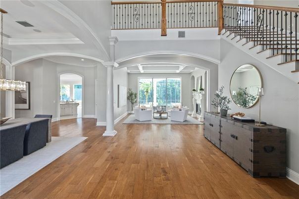 Chandelier, Dining room, Interior, Living room, Recessed Lighting, Wood Texture Flooring