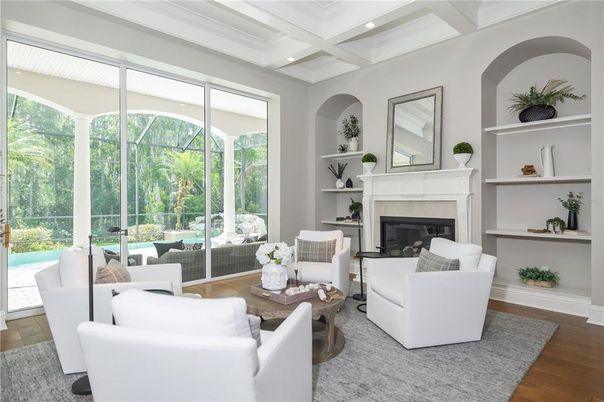 Fireplace, Interior, Living room, Recessed Lighting, Wood Texture Flooring