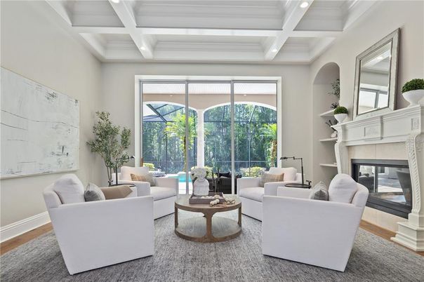 Fireplace, Interior, Living room, Recessed Lighting, Wood Texture Flooring