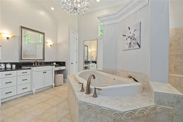 Bathroom, Chandelier, Dual Sink Vanities, Interior, Recessed Lighting