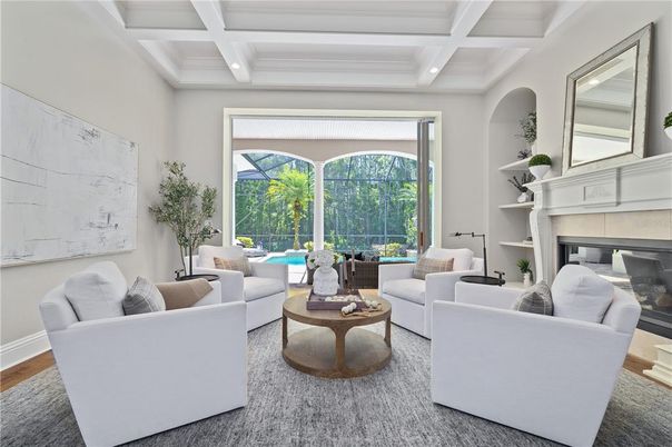 Fireplace, Interior, Living room, Recessed Lighting, Wood Texture Flooring