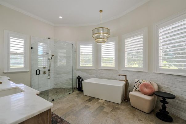 Bathroom, Chandelier, Free Standing Baths, Glass Shower, Interior, Recessed Lighting, Wood Texture Flooring