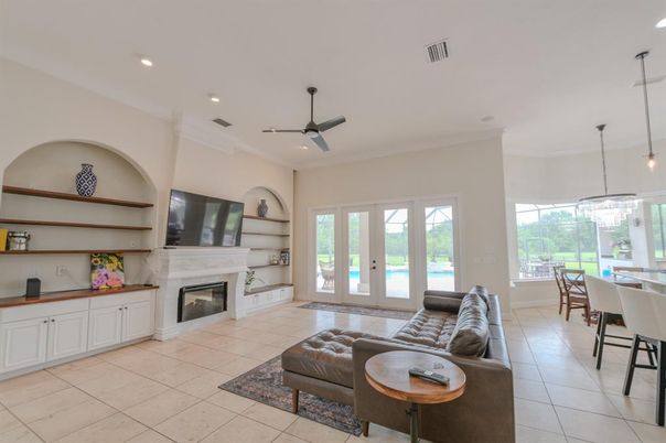 Dining room, Fireplace, Interior, Living room, Pendant Lights, Recessed Lighting