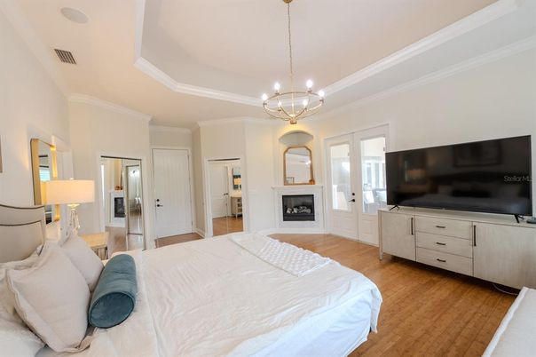 Bedroom, Fireplace, Interior, Pendant Lights, Wood Texture Flooring