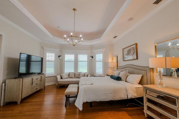 Bedroom, Chandelier, Interior, Wood Texture Flooring