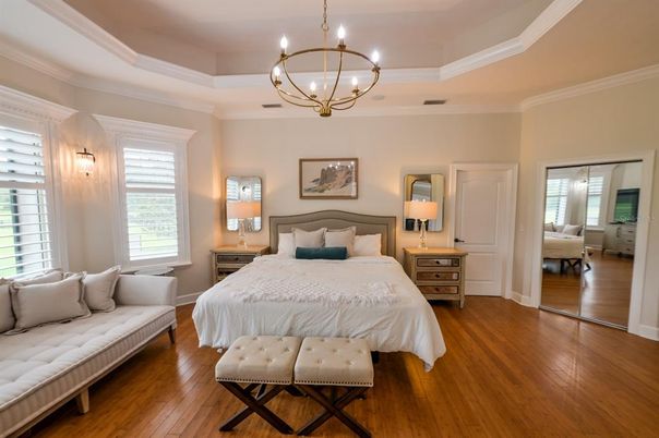 Bedroom, Chandelier, Interior, Wood Texture Flooring