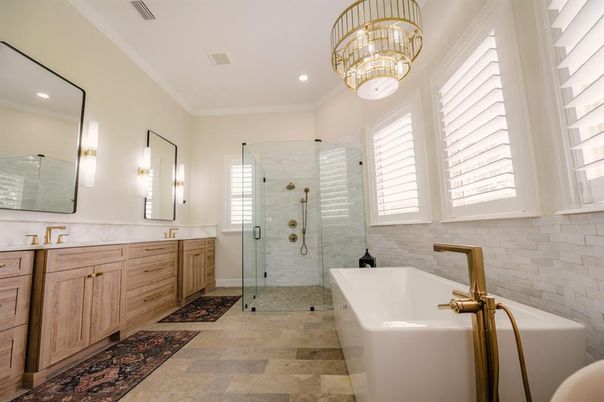Bathroom, Chandelier, Dual Sink Vanities, Glass Shower, Interior, Recessed Lighting