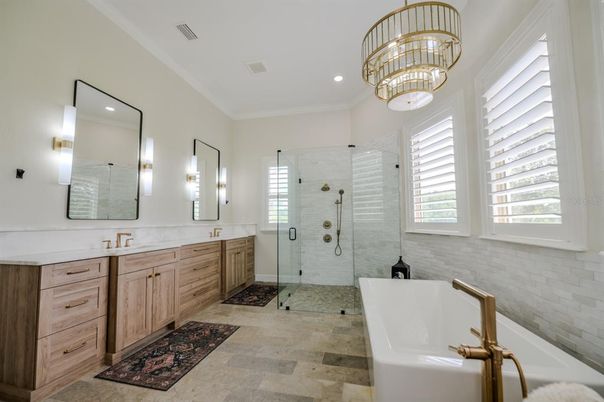 Bathroom, Chandelier, Dual Sink Vanities, Glass Shower, Interior, Recessed Lighting