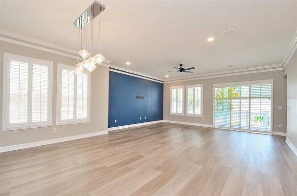 Empty room, Interior, Pendant Lights, Recessed Lighting, Wood Texture Flooring
