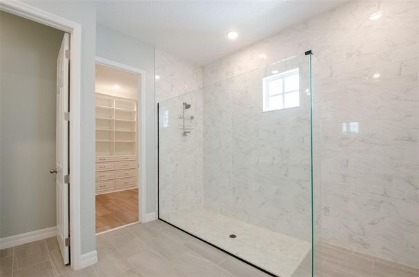 Bathroom, Glass Shower, Interior, Marble Walls, Recessed Lighting, Wood Texture Flooring