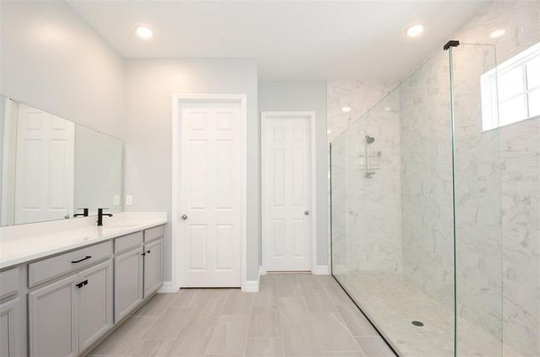 Bathroom, Glass Shower, Interior, Marble Walls, Recessed Lighting, Wood Texture Flooring