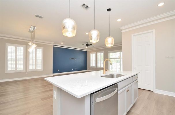 Interior, Kitchen, Pendant Lights, Recessed Lighting, Wood Texture Flooring