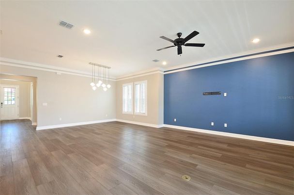 Empty room, Interior, Pendant Lights, Recessed Lighting, Wood Texture Flooring