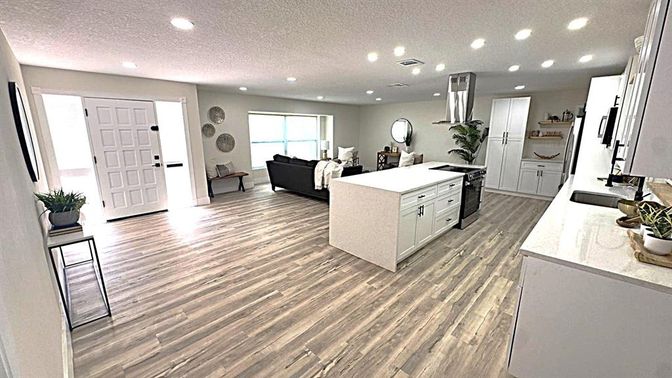 Interior, Kitchen, Living room, Recessed Lighting, Wood Texture Flooring