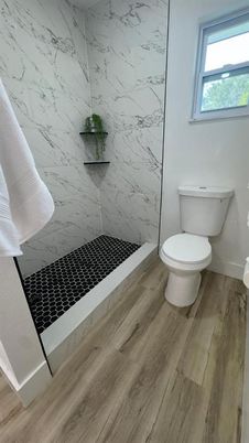 Bathroom, Interior, Marble Walls, Wood Texture Flooring